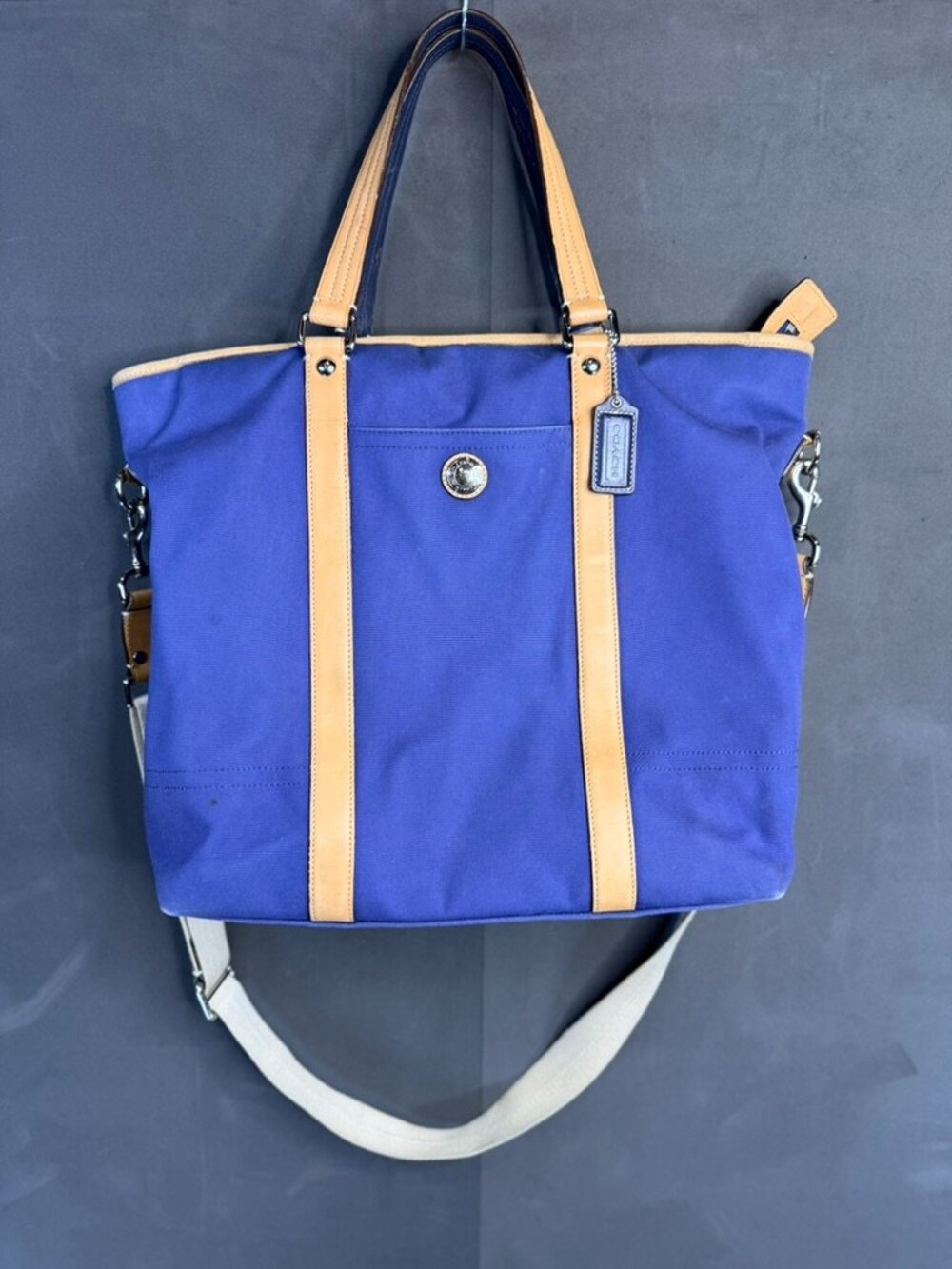 Clean VTG Coach Voyage Blue Canvas Tan Leather Tote Shoulder Bag Model F7125